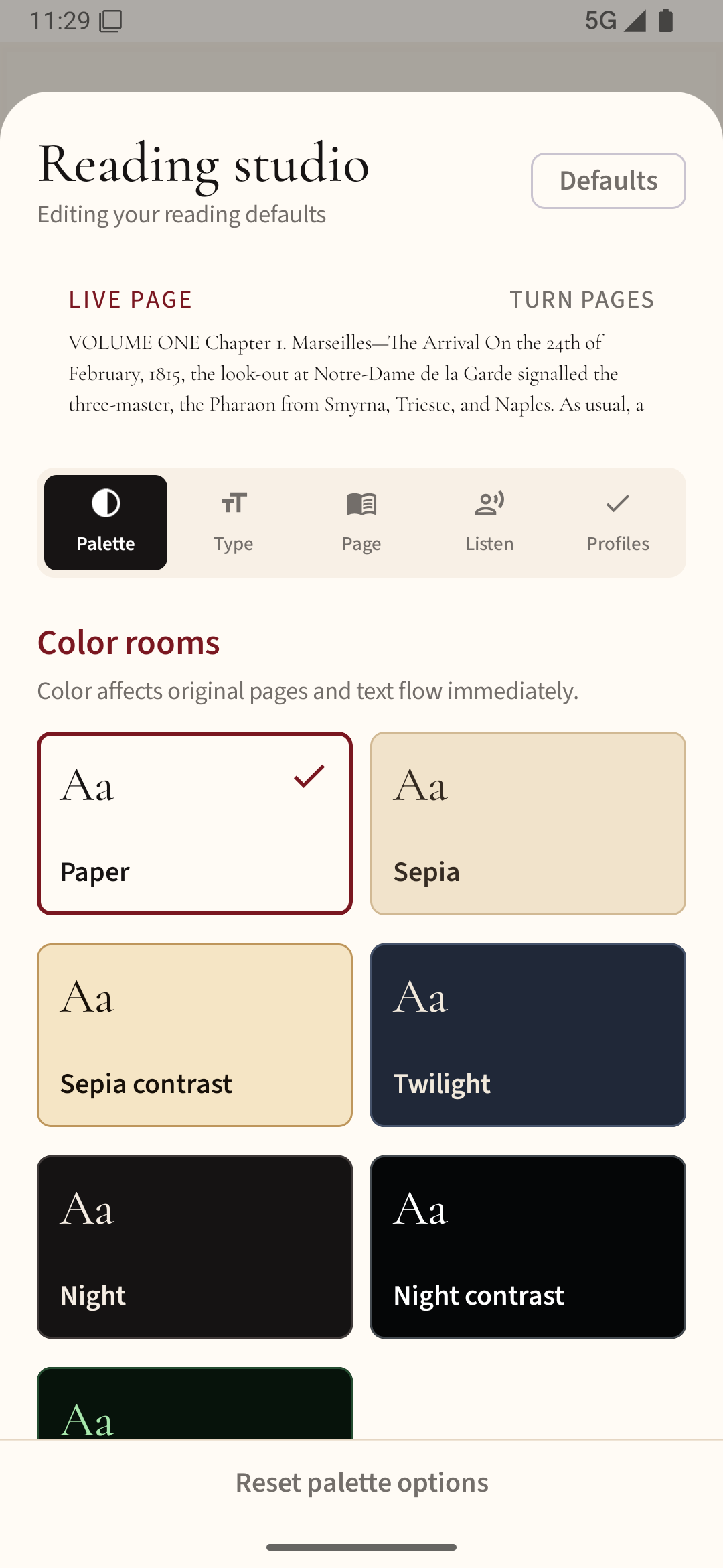 Readream Premium v1.1.0 Reading studio with Palette, Type, Page, Listen, and Profiles controls plus color room choices.