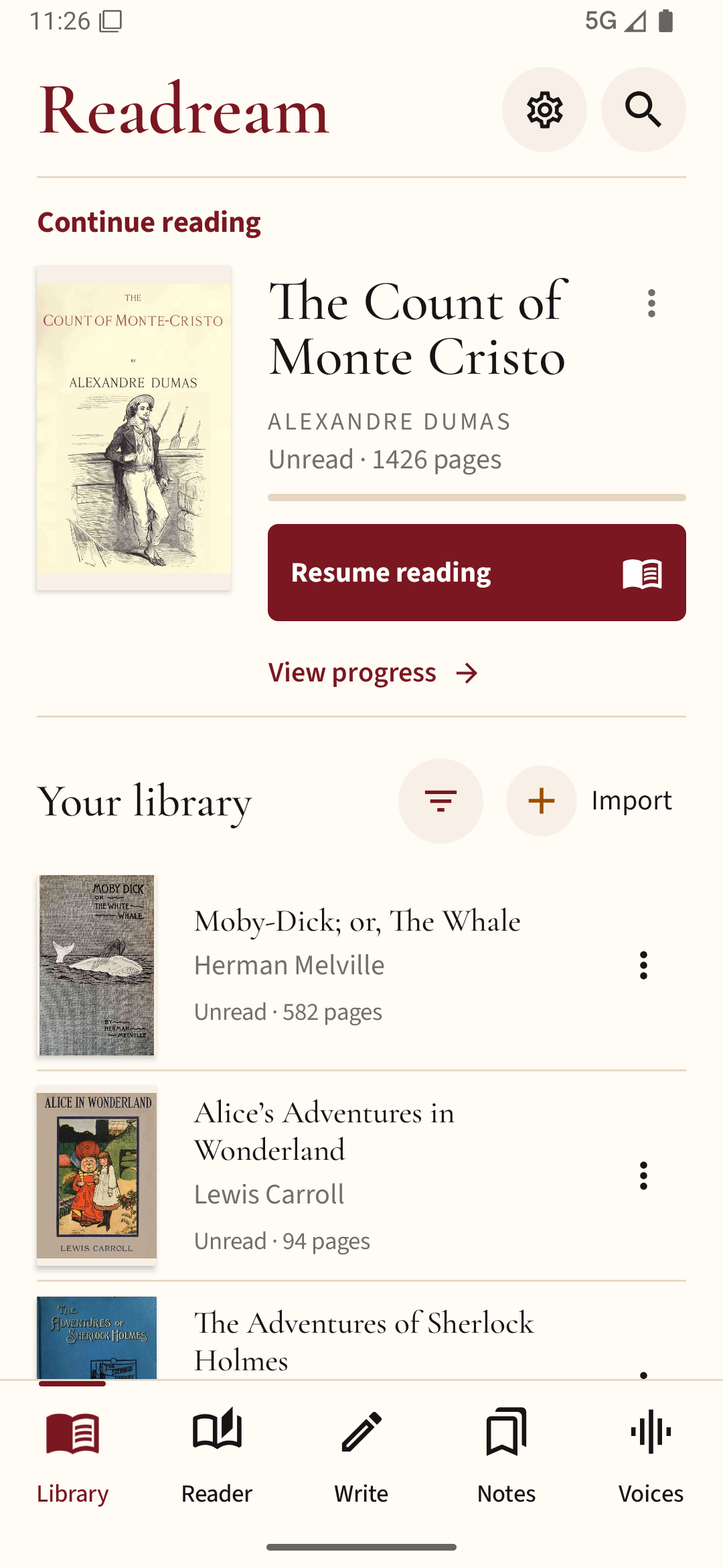 Readream Premium v1.1.0 Library showing Continue reading, a local book library, reading progress, and the five primary tabs.
