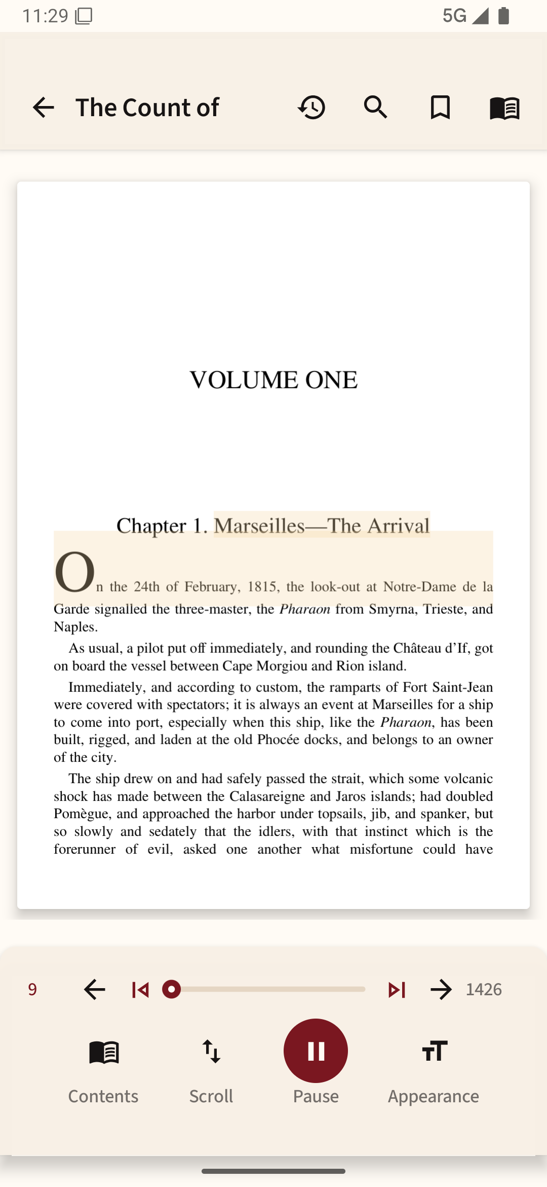 Readream Premium v1.1.0 Reader with a synchronized text-to-speech highlight behind the text, line controls, scroll, pause, and Appearance actions.