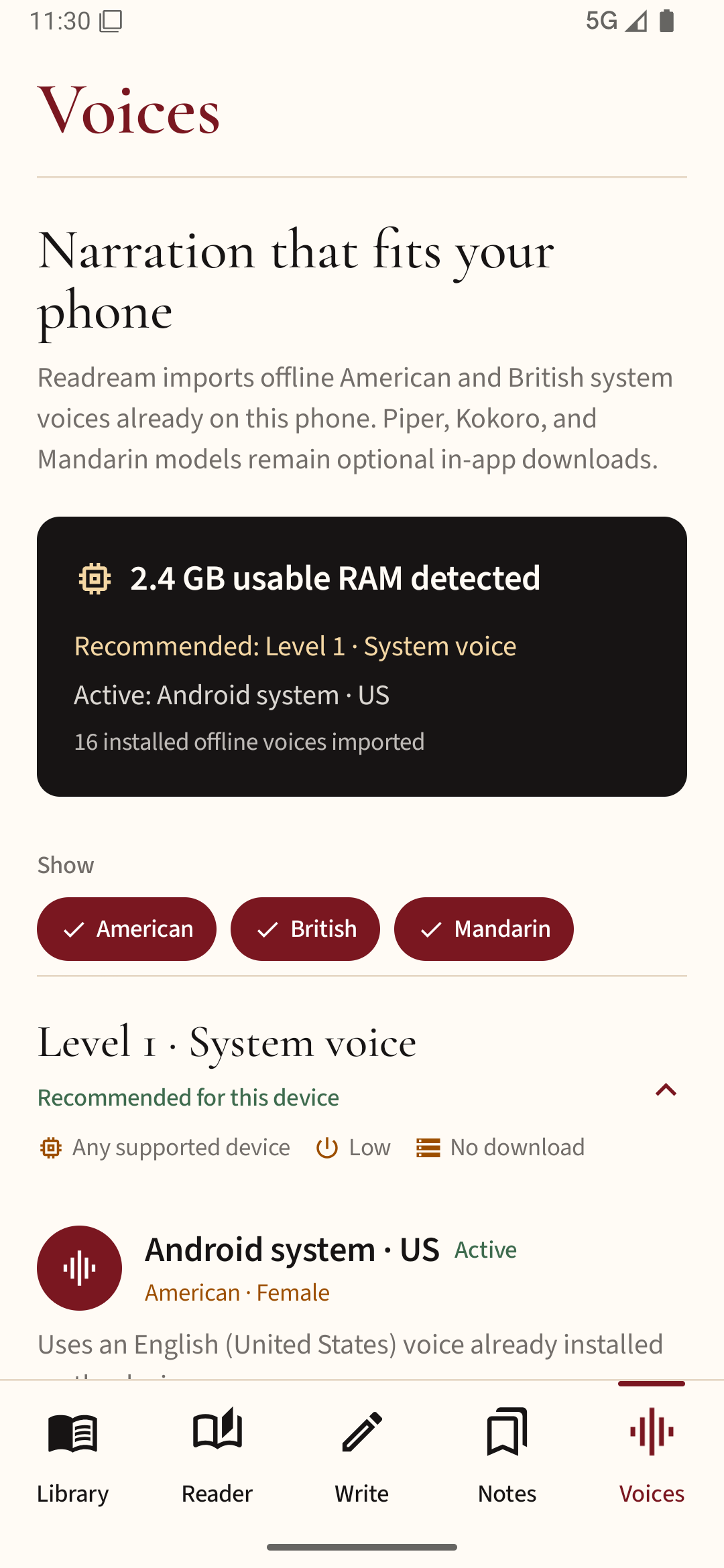 Readream Premium v1.1.0 Voices showing detected usable RAM, local system narration, and optional Piper or Kokoro downloads.