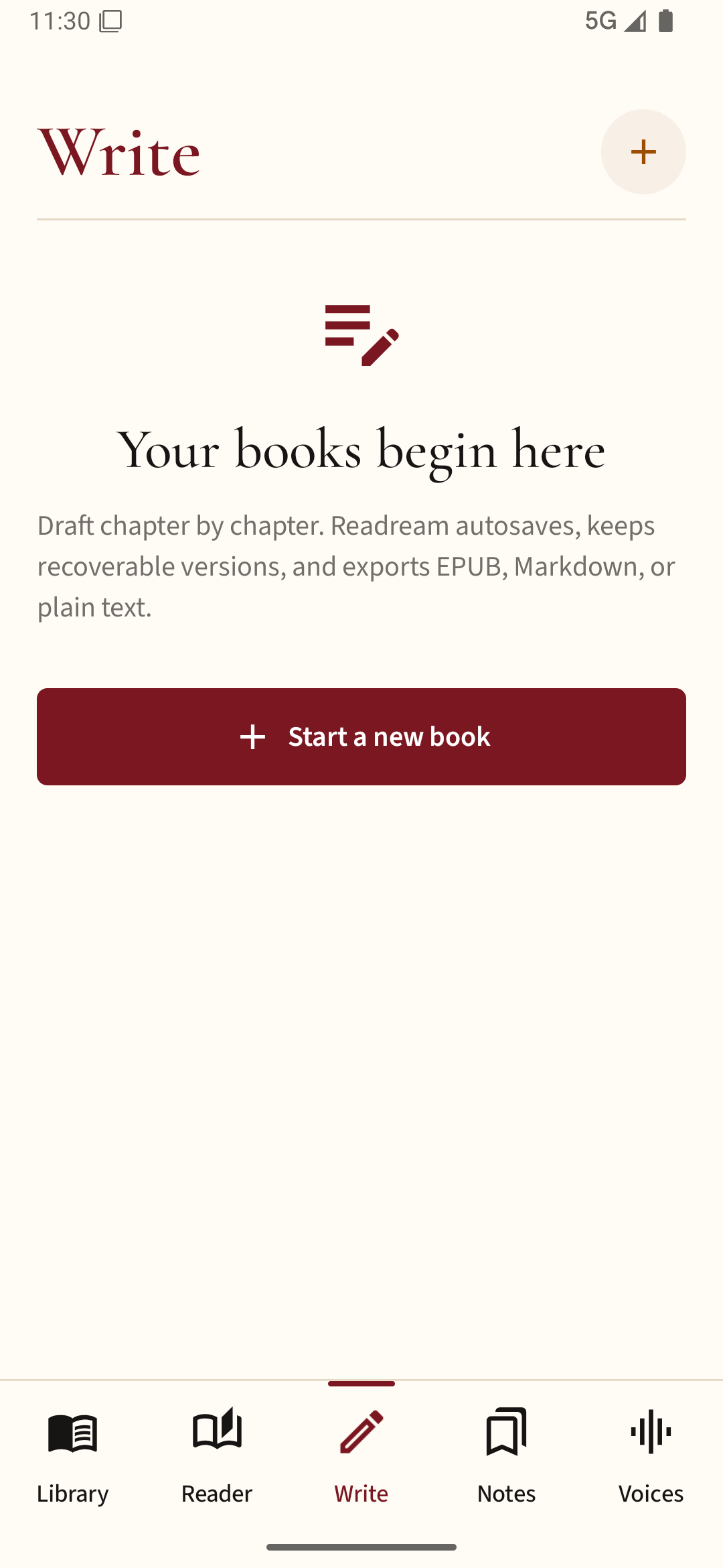 Readream Premium v1.1.0 Writer with a Start a new book action and its autosave, recovery, and export promise.